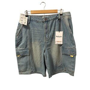 Refrain  Vintage Indigo Denim Cargo Shorts Sz 31 With Authentic Rigid Weave